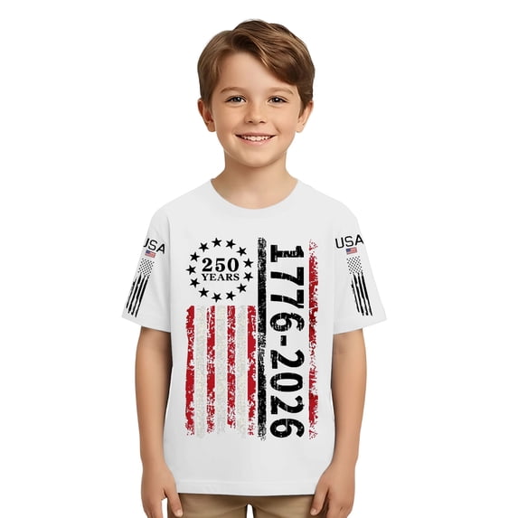 Boys’ 1776-2026 Distressed Flag T-Shirt, Independence Day Patriotic Kids Short Sleeve Tee