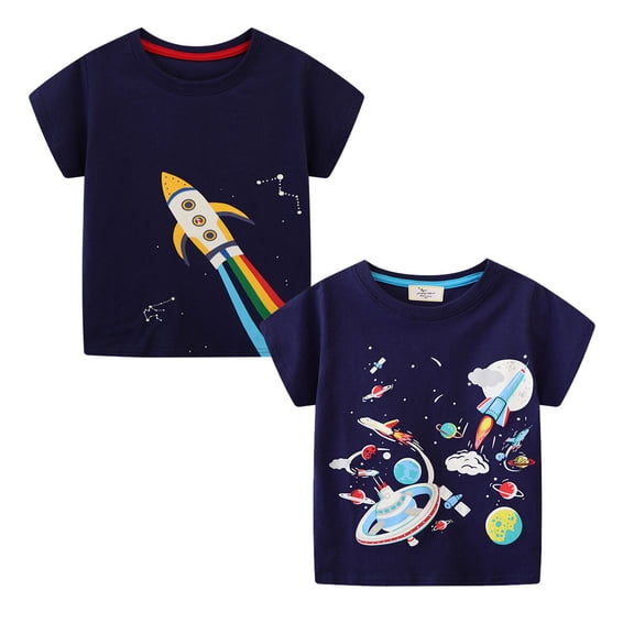 Boys' 2-Pack Space Rocket T-Shirts Short Sleeve Tees Crewneck Summer Top