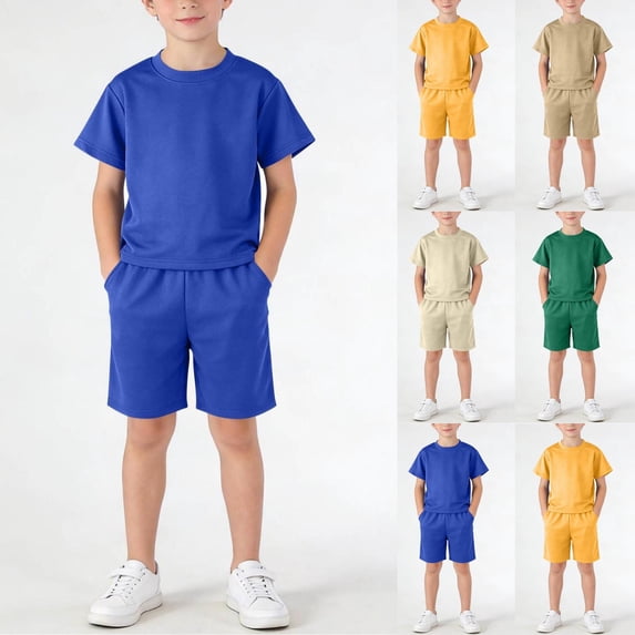 Boys 2 Piece Athletic Short Sets Short Sleeve T-Shirt and Shorts with Pocket Kids Summer Loose Mesh Outfit Sets