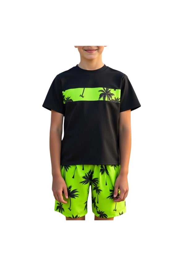 Boys 2 Piece Bathing Suit Crew Neck Short Sleeve Top with Tropical Printed Shorts Boys Swimsuit Teen Clothes Size 12-16