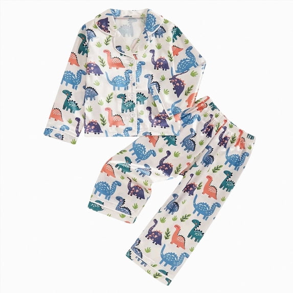 Boys 2‑Piece Collared Button‑Up Pajama Set with Cartoon Print,Soft Fabric Sleepwear for Boys 18-24 Months