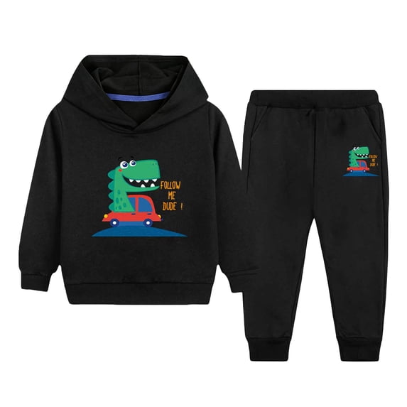 Boys 2 Piece Fall Outfits Cute Cartoon Printed Long Sleeve Hoodie Sweatpants Set, Toddler Boy Spring Winter Clothes for Kids, Black 5-6 Years