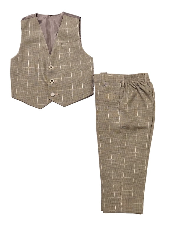 Boys 2-Piece Formal Vest & Suit Pants Outfit Set, Sizes: 2T to 16 (Natural Taupe Plaid)