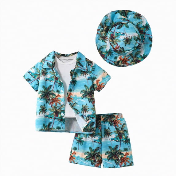Boys 2 Piece Hawaiian Outfit Summer Button Down Shirt and Pocket Shorts Sets Beach Vacation Clothes for Kid
