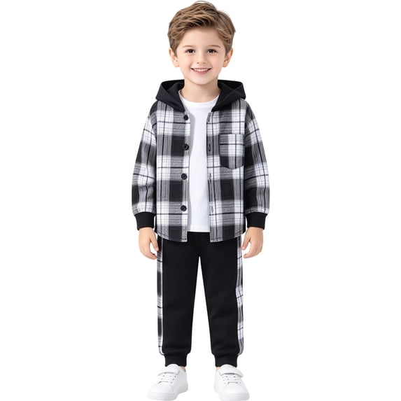 Boys 2 Piece Hooded Plaid Outfit Set, Long Sleeve Button Shirt and Striped Jogger Pants for Kids 3-7 T