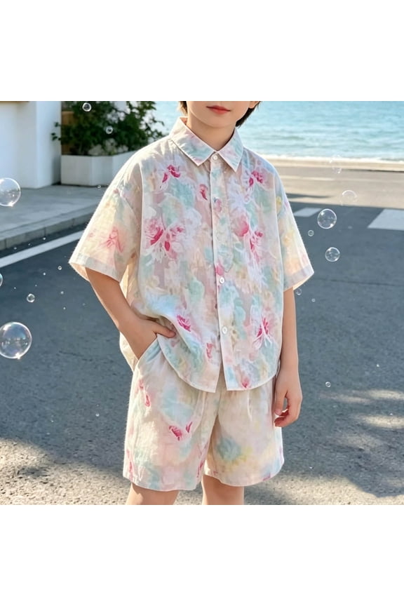 Boys' 2-Piece Jacquard Shirt & Pants Vacation Outfit, perfect for seaside travel, summer sightseeing and casual holiday family leisure activities, 2-13 Years