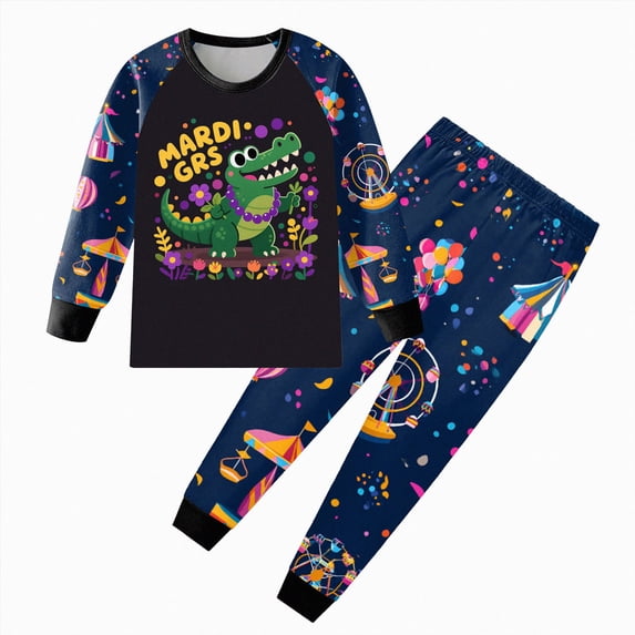 Boys 2‑Piece Mardi Gras Pajama Set with Festive Print,Fun Fabric Long Sleeve Sleepwear for Boys 4-5 Years