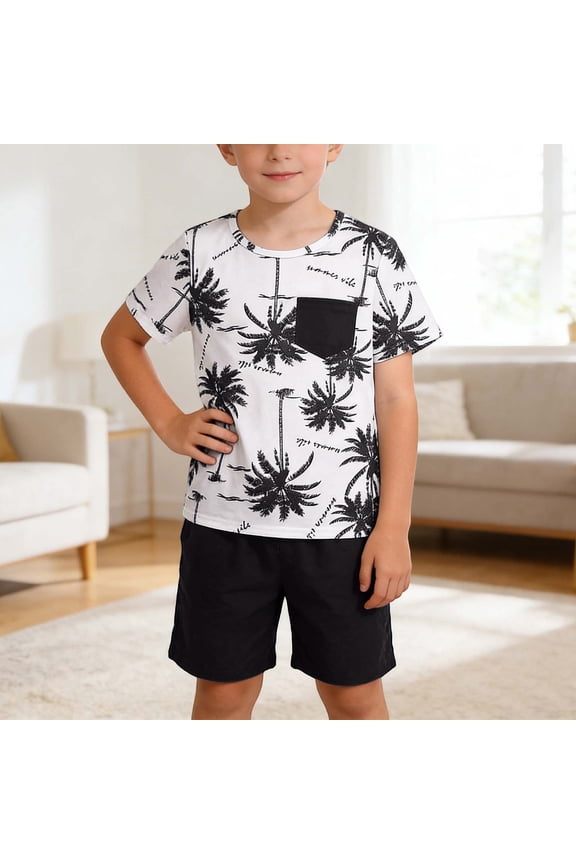 Boys 2 Piece Outfit Print Short Sleeve Top and Black Shorts Set Fashion Casual Outfit for Summer Daily Casual and Vacation Wear