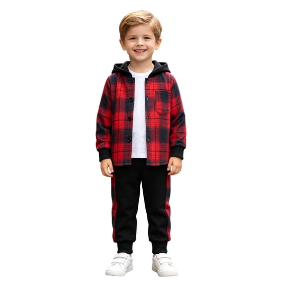 Boys 2 Piece Outfit Set Plaid Hooded Top and Jogger Pants Matching Sweatsuit Casual Fall Winter Clothes 3-7 Years