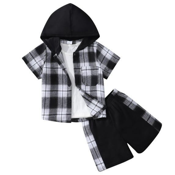 Boys 2 Piece Outfit Summer Short Sets Plaid Printed Patchwork Tops and Pants Comfort Baby Summer Clothes,7Y,Black