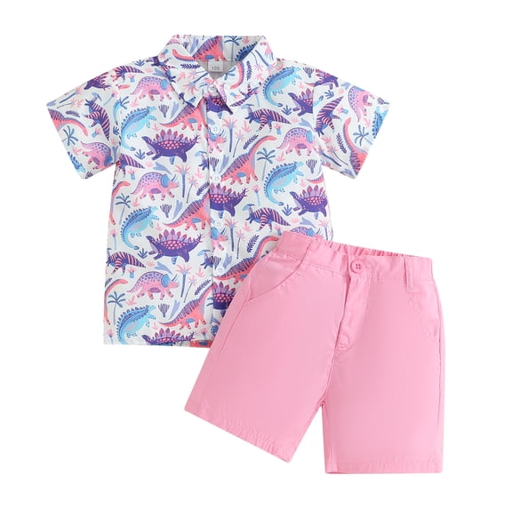 Boys 2 Piece Outfits 1-5T Dinosaur Print Button up Short Sleeve Shirt and Elastic Shorts Summer Formal Wear