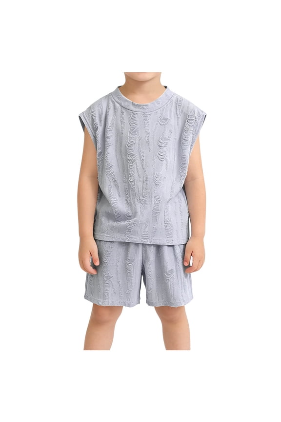 Boys 2 Piece Outfits Ripped Distressed Sleeveless Tank Tops Shorts Set Retro Western Y2k Summer Clothes Blue, 1 Years