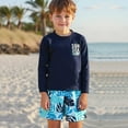 thumbnail image 1 of Boys 2 Piece Palm Tree Letter Print Long Sleeve Rash Guard Set Swimsuit Top Swim Shorts UPF 50+ Beach Summer Outfits Size 6-7Y, 1 of 9