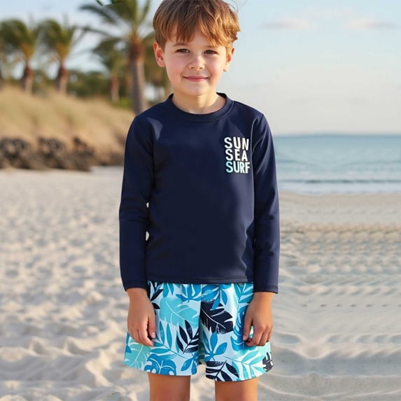 Boys 2 Piece Palm Tree Letter Print Long Sleeve Rash Guard Set Swimsuit Top Swim Shorts UPF 50+ Beach Summer Outfits Size 6-7Y