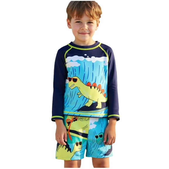 Boys 2 Piece Rash Guard Swimsuits Kids Long Sleeve Swimwear Sets Quick Dry Sun Protection Bathing Suits Dark Blue, 6 Years