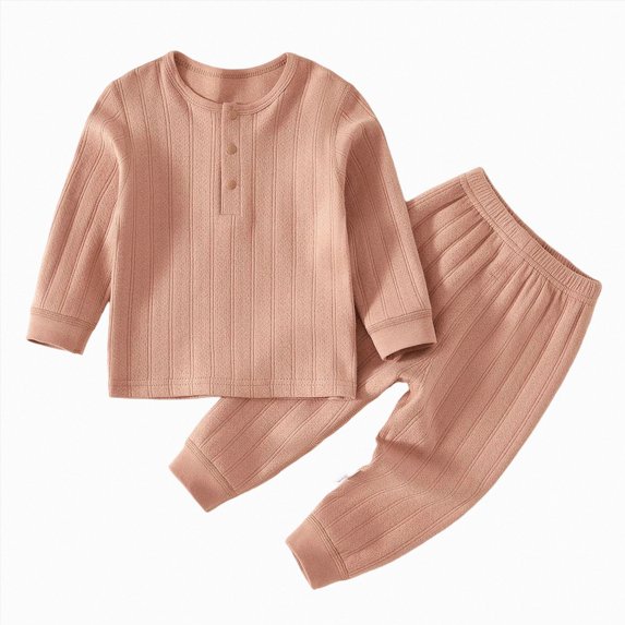 Boys 2‑Piece Ribbed Henley Neck Pajama Set,Long Sleeve Fabric Sleepwear for Boys 12-18Months