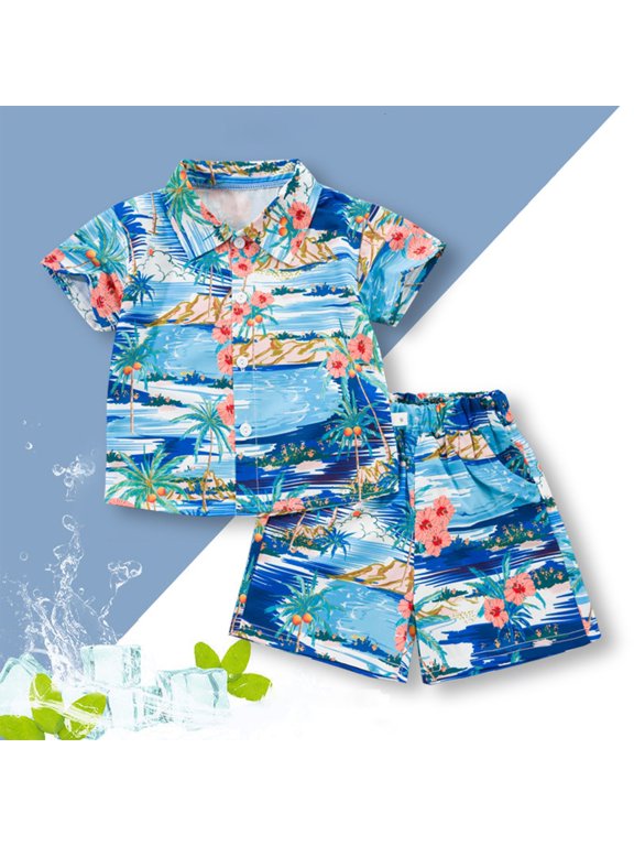 Boys 2‑Piece Set, Button Short Sleeve Shirt and Hawaiian Style Print Shorts, Children's Casual Outfit for Beach Vacation Daily | TruHer,Sky Blue 1 Years