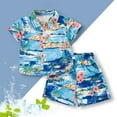 thumbnail image 1 of Boys 2‑Piece Set, Button Short Sleeve Shirt and Hawaiian Style Print Shorts, Children's Casual Outfit for Beach Vacation Daily | TruHer,Sky Blue 3 Years, 1 of 3