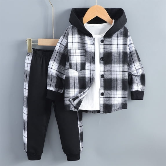 Boys 2 Piece Set Hoodie and Sweatpants Flannel Plaid Hoodie Jacket Fall Winter
