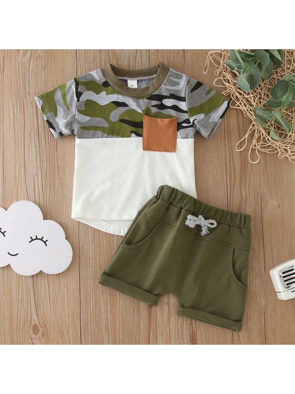 Boys 2-Piece Summer Outfits Set Color Block Camouflage Pocket Patchwork Tee Top and Long Pants Clothing Pack
