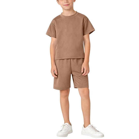 Boys 2 Piece Summer Outfits Solid Short Sleeve T-shirt & Shorts with Pockets Casual Sweatsuit Sets Loungewear (3-4 Years, Coffee)