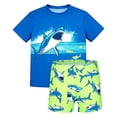 thumbnail image 1 of Boys 2 Piece Swimsuit Blue Ocean Print Short Sleeve Rash Guard Top and Swim Trunks Set Kids Summer Beach Bathing Suit Blue, 1 of 4