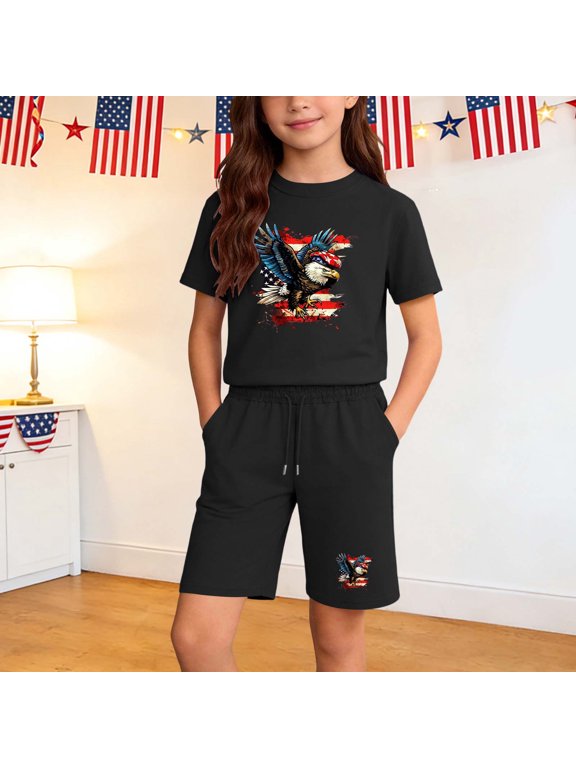 Boys 2 Piece Tracksuit Cool American Bald Eagle Flag Graphic T Shirt And Shorts Outfit Independence Day Athletic Clothes Summer Sporty Breathable Sweatsuit Set