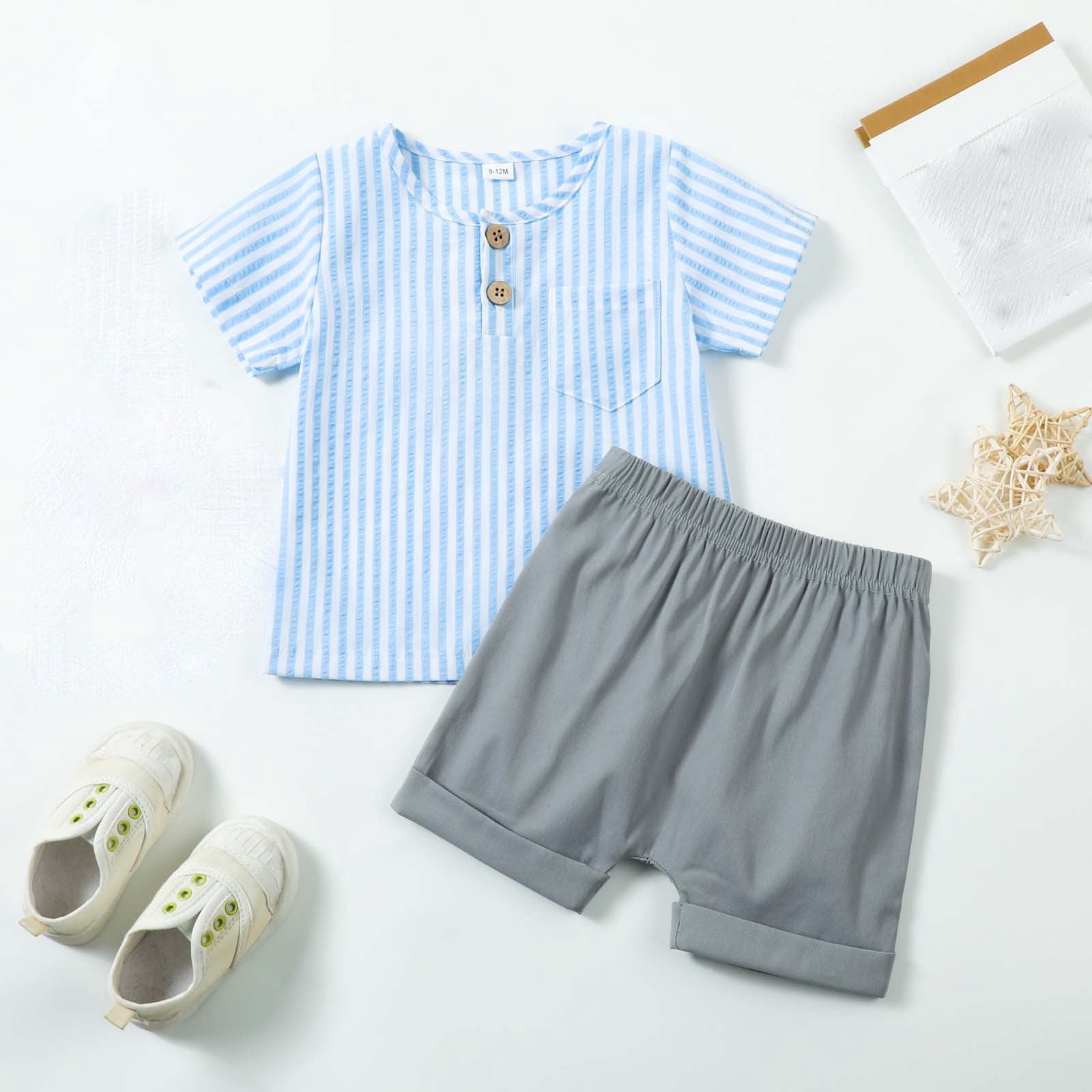 Boys Oxford Short Sleeve One-Piece Romper Shorts Navy Blue & White