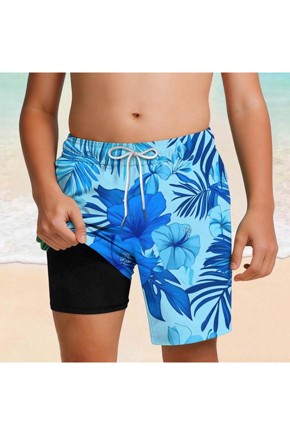 Boys 2 in 1 Swim Trunks Quick Dry Beach Shorts with Liner Tropical Hibiscus Print Blue,Size 13 T