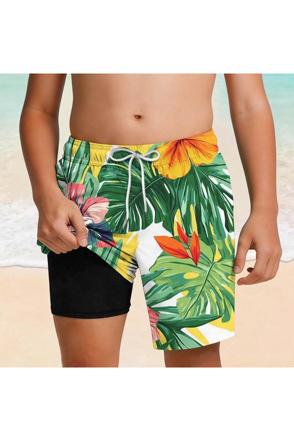 Boys 2 in 1 Swim Trunks with Liner Quick Dry Kids Tropical Print Bathing Suit Beach Board Shorts Multicolor,Size 11 T