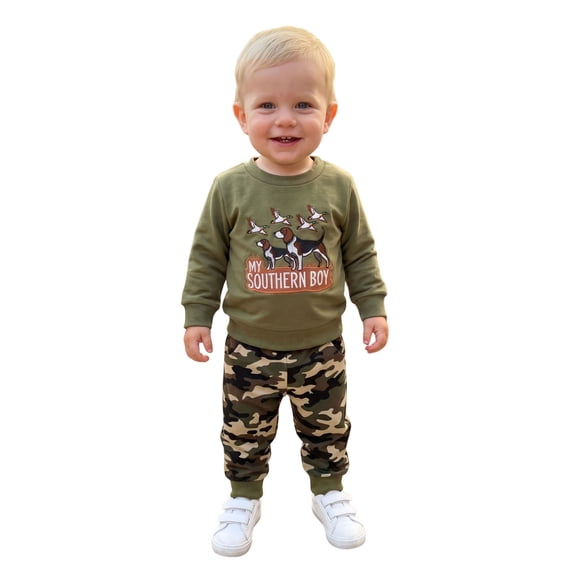 Boys 2-piece Outfit, Long Sleeve Dogs Sweatshirt with Camouflage Sweatpants