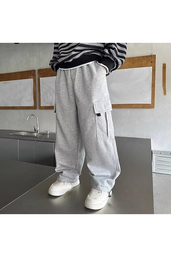 Boys' 2026 New Wide Leg Joggers, Trendy Loose Fit Cargo Sweatpants with Multiple Pockets for Casual Street Style, Spring and Fall Everyday Wear, Comfortable and Stylish - Grey
