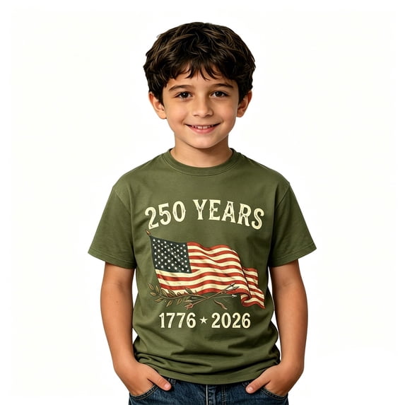 Boys 250 Anniversary USA Shirt 4th of July Flag Tees 1776-2026 250th Years Patriotic Shorts Sleeve T-Shirt for Boys (Army Green 2-3 Years)