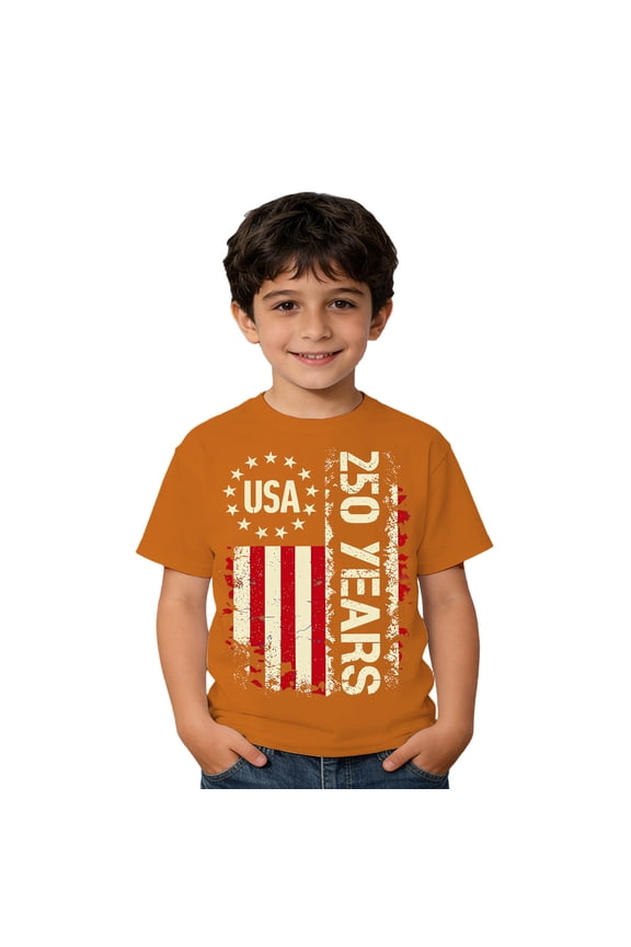 Boys 250th Anniversary USA Shirt - 1776-2026 Patriotic American Flag T-Shirt Youth Semiquincentennial Tee for 4th of July Memorial Day Ages 1-13(Orange/150)