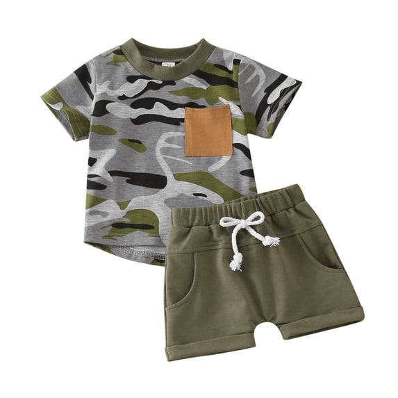 Boys 2Pc Outfits Camouflage Short Sleeved Tee Shirt Shorts Set Sports Tracksuit
