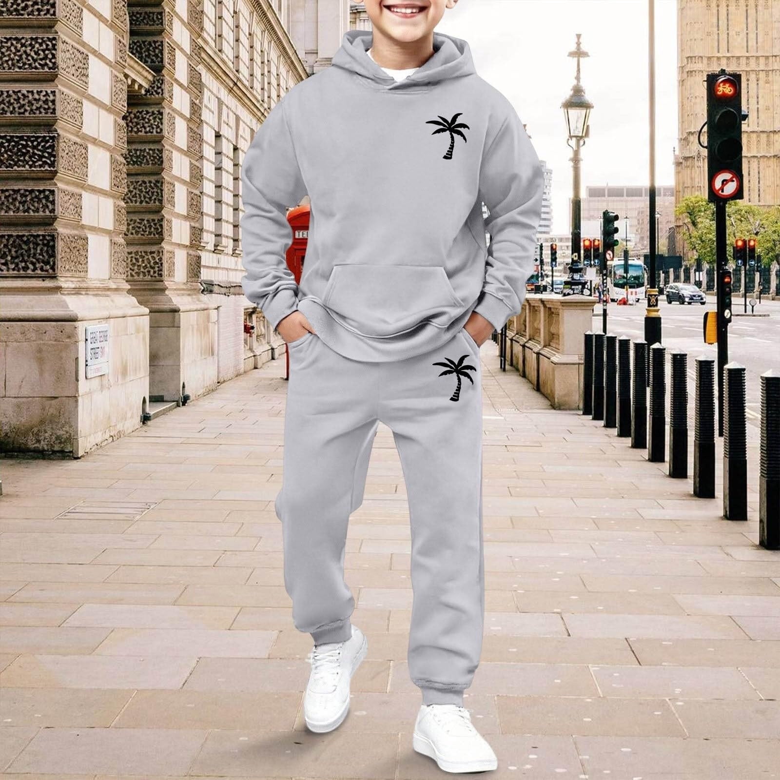 Boys 2Pcs Tree Print Tracksuit Set White Pullover Hoodie with Kangaroo ...