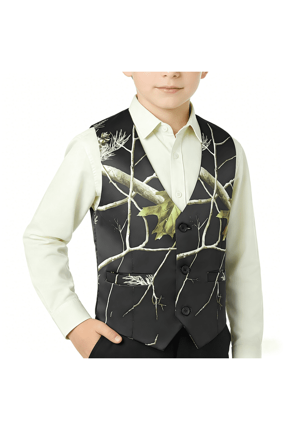 Boys 3 Button 1 Piece Black Camo Suit Vest Formal Dress Waistcoat for Outdoor Events