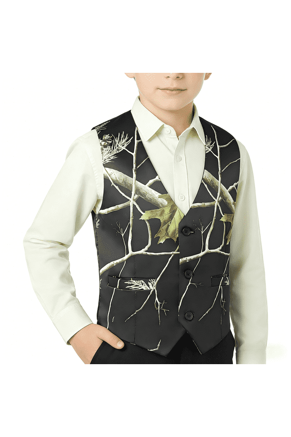 Boys 3 Button 1 Piece Black Camo Suit Vest Formal Dress Waistcoat for Outdoor Events