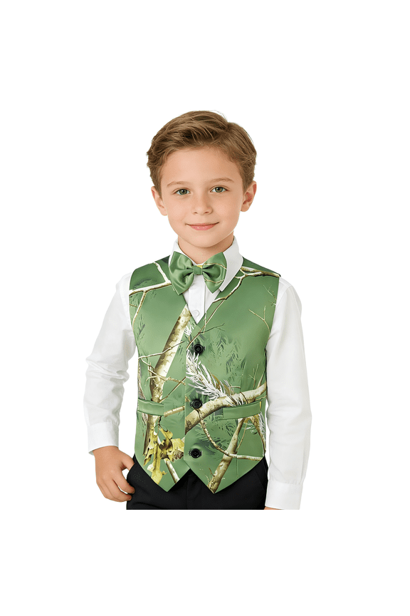 Boys 3 Button 1 Piece Sleeveless Camouflage Vest Bow Tie Combo Lightweight Formal Casual Wear(Dark Green 5Y)