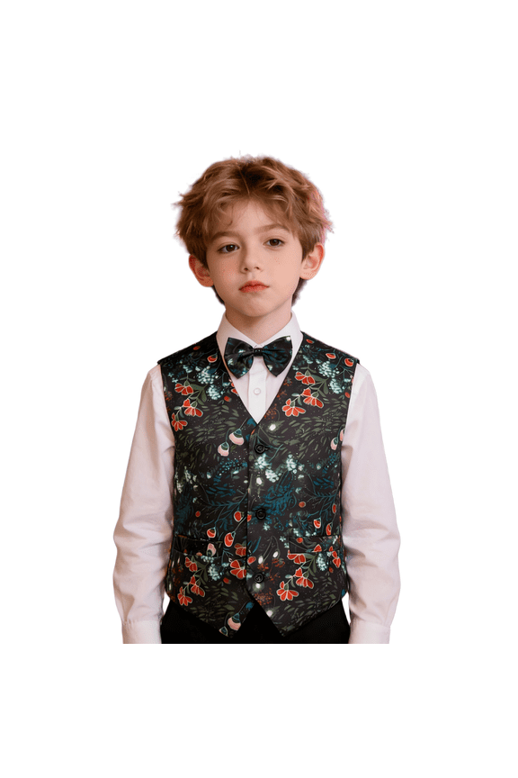Boys 3 Button 1 Piece Sleeveless Camouflage Vest Bow Tie Combo Lightweight Formal Casual Wear(Dark Green Floral 11Y)