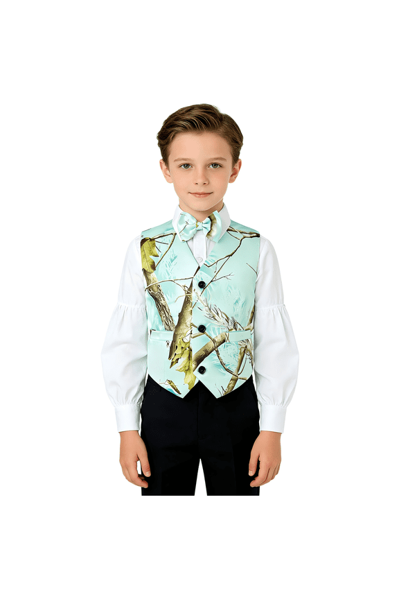 Boys 3 Button 1 Piece Sleeveless Camouflage Vest Bow Tie Combo Lightweight Formal Casual Wear(Light Green 12Y)