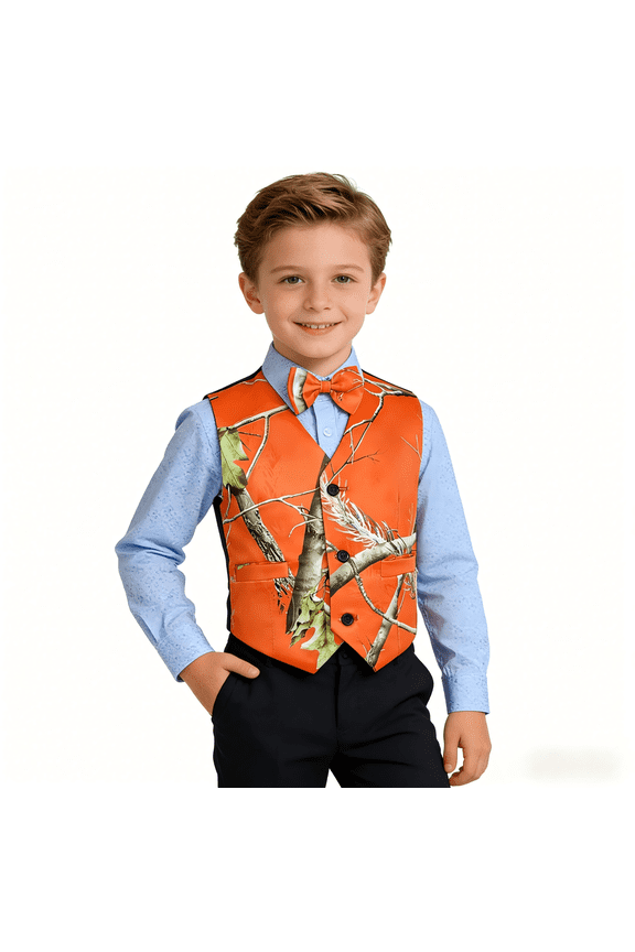 Boys 3 Button 1 Piece Sleeveless Camouflage Vest Bow Tie Combo Lightweight Formal Casual Wear(Orange 13Y)