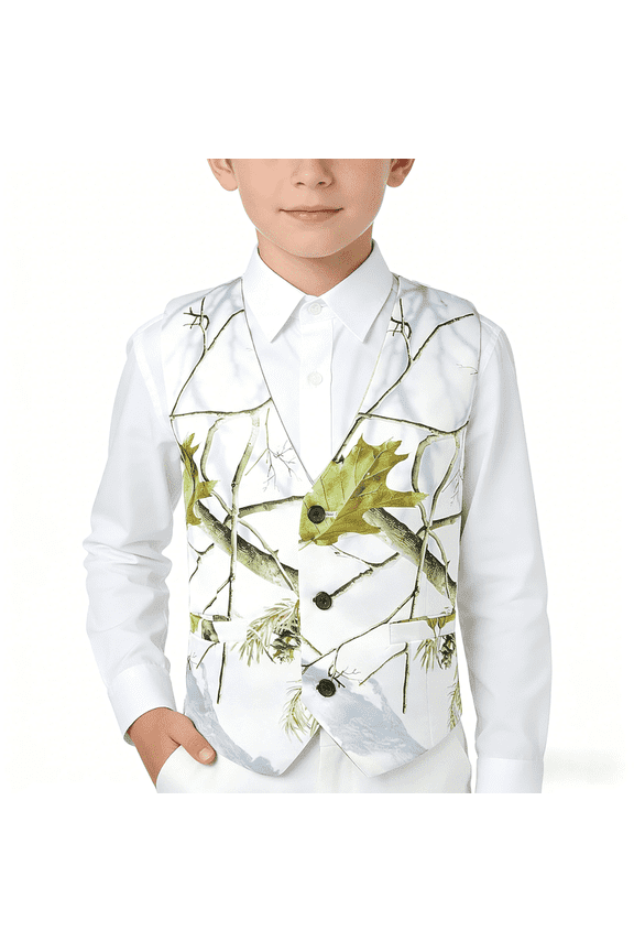 Boys 3 Button 1 Piece White Camo Vest Stylish Tree Branch Waistcoat for Formal and Outdoor Use