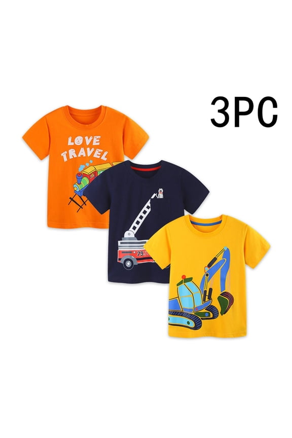 Boys 3-Pack Cotton Graphic T-Shirts with Fire Truck Train Excavator Prints for Kids Kids 2-8,Size 4-5 T