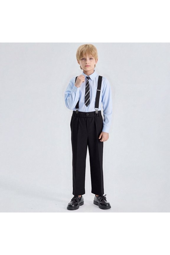 Boys 3 Piece Formal Outfit Long Sleeve White Shirt with Tie Suspender Pants Set Outfit for School Performance Wedding Party and Special Occasions Wear