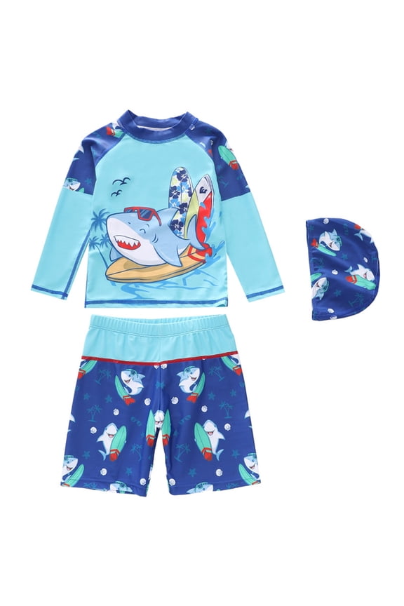 Boys 3 Piece Rash Guard Swimsuit Long Sleeve Cute Shark Print Swimwear with Trunks and Sun Hat UV 50+ Rash Guard Swim Sets