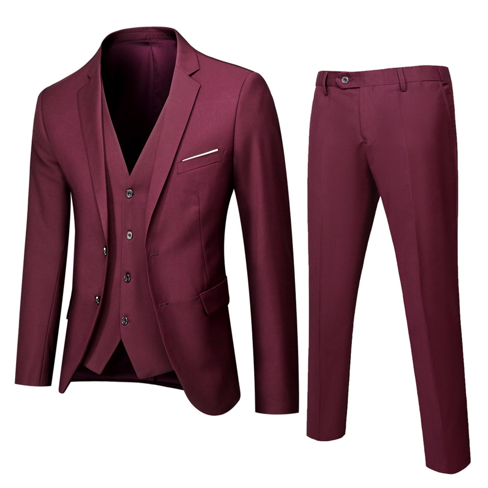 MYS Mens 3 Piece Slim Fit Suit Set, 2 Button Blazer Jacket Vest Pants With Tie Solid Wedding Dress Tux And Trousers Light Pink