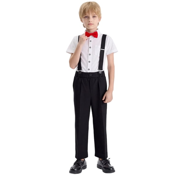 Boys 3-Piece Suspender Set, Kids White Short-Sleeve Shirt, Black Pants with Bow Tie for School & Performances