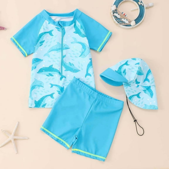 Boys' 3 Piece Swimwear Set With Hat Dinosaur Pattern Separate Swimsuit And Trunks Orange 2 Y-3 Y