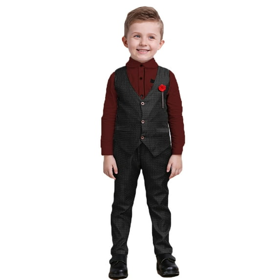 Boys 3 Pieces Suits Formal Rose Long Sleeve Collared Dress Shirt Vest Pants Set Toddler Dresswear for Kids